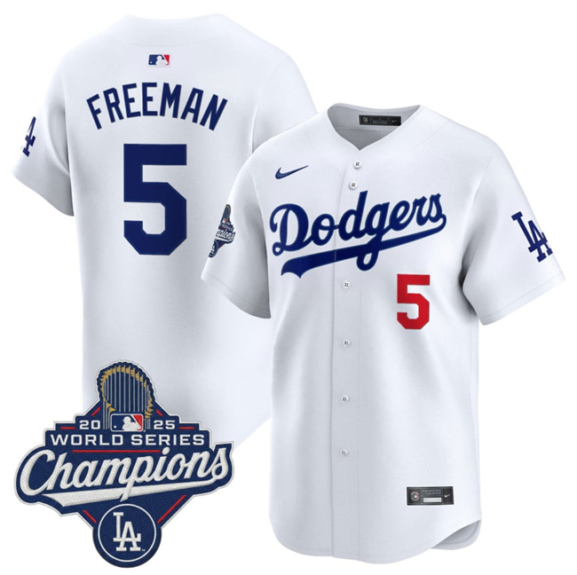 Men's White Los Angeles Dodgers #5 Freddie Freeman 2025 World Series Champions Patch Home Limited Stitched Baseball Jersey